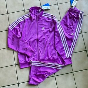 NWT Adidas Firebird Vibrant Purple Tracksuit with White Stripes